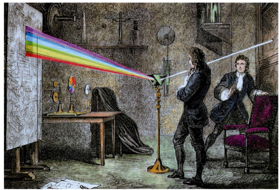 Newton observant la décomposition de la lumière blanche