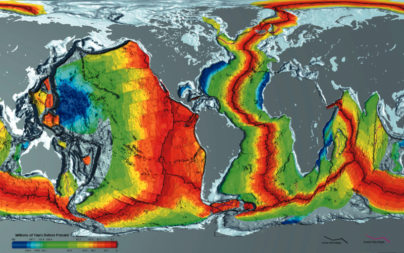 <b>Carte des âges des fonds océaniques</b><div><i>Earth_seafloor_crust_age_1996_-_2, par  National Oceanic and Atmospheric Administration,  via wikimedia commons, domaine publique, https://commons.wikimedia.org/wiki/File:Earth_seafloor_crust_age_1996_-_2.png</i><b><br></b></div>