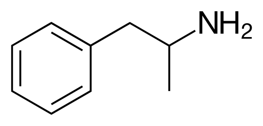 <b>Molécule d’amphétamine</b><div><i>Amphetamine.svg, par Vaccinationiste, via Wikimédia Commons, domaine publique, https://commons.wikimedia.org/wiki/File:Amphetamine.svg</i><b><br></b></div>