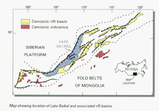 <b>Carte du rift passif du lac Baïkal en Russie</b><div><i>Baikal-1.png  par USGS via Wikimédia Commons domaine publique, https://commons.wikimedia.org/wiki/File:Baikal-1.png</i><b><br></b></div>