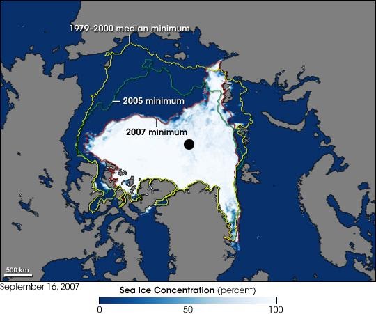 <b>Évolution de la limite de la calotte glaciaire du pôle Nord</b><div><i>&nbsp; 2007_Arctic_Sea_Ice par Image de la NASA créée par Jesse Allen, en utilisant les données AMSR-E fournies par le National Snow and Ice Data (NSIDC), et les contours de l'étendue de la glace de mer avec l'aimable autorisation de Terry Haran et Matt Savoie, NSIDC, sur la base du Special Sensor Microwave Imager (SSM / I) Les données. via Wikimédia Commons, domaine publique, https://commons.wikimedia.org/wiki/File:2007_Arctic_Sea_Ice.jpg</i><b><br></b></div>