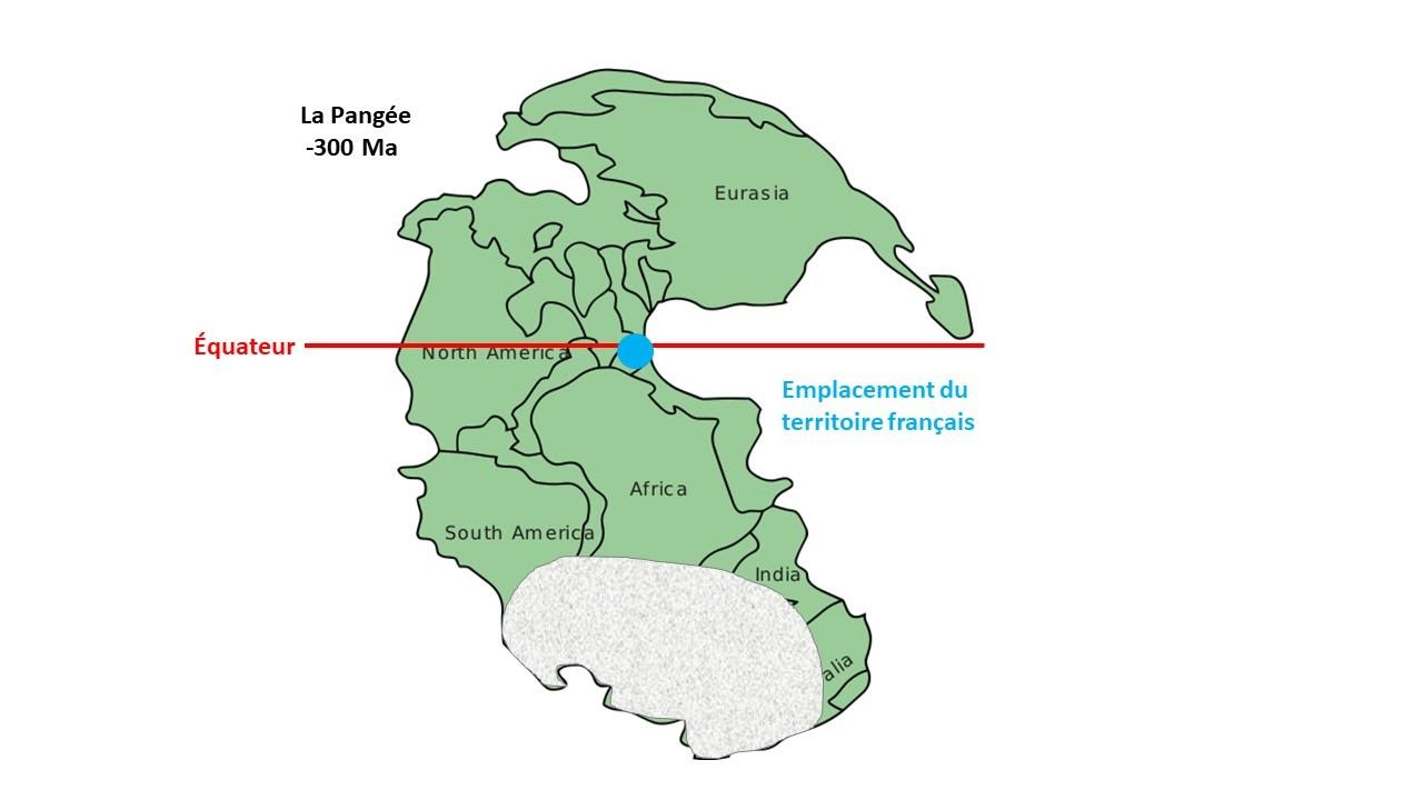 <b>Position des glaciers à la fin du Carbonifère</b><div><i>509px-Pangaea_continents.svg par v via Wikimédia Commons, CC-BY-SA-3.0-migré, modifié par Sandra Rivière, https://commons.wikimedia.org/wiki/File:Pangaea_continents.svg</i><b><br></b></div>