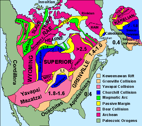 <b>Cratons de l’Amérique du Nord </b><div><i>North America Basement Rocks.png par USGS via Wikimédia Commons, domaine publique, https://commons.wikimedia.org/wiki/File:North_america_basement_rocks.png</i><b><br></b></div>