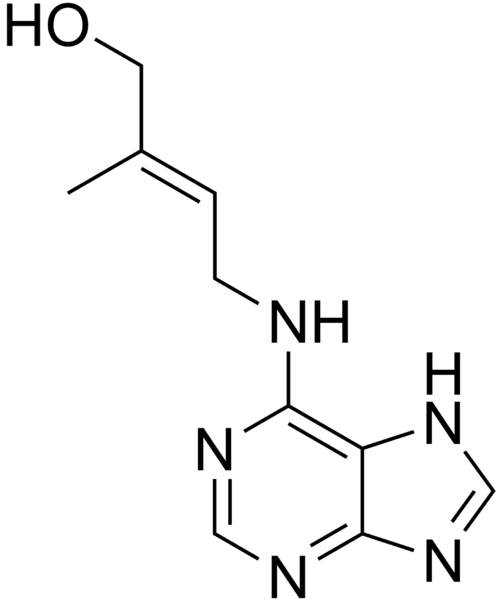 <b>Molécule d’une cytokinine, ici la zéatine</b><div><i>&nbsp;Zeatin.png par Edgar181 via Wikimédia Commons, Domaine publique, https://commons.wikimedia.org/wiki/File:Zeatin.png</i><b><br></b></div>