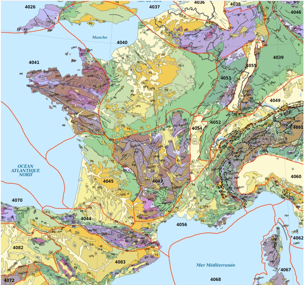 <b>La carte géologique de le France métropolitaine</b><div><i>Carte géologique de la France-fr.svg, par Europe_geological_map-en.svg : Eric Gaba ( Sting - fr: Sting )travail dérivé: Sémhur, via wikimedia commons, https://commons.wikimedia.org/wiki/File:France_geological_map-fr.svg,   CC-BY-SA-3.0, Travail auto-publié, https://commons.wikimedia.org/wiki/File:France_geological_map-fr.svg</i><b><br></b></div>