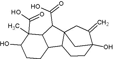<b>Molécule de gibbéréline GA452DII, la plus connue</b><div><i>GA452DII.pngpar socrtwo,via Wikimédia commons, Domaine publique,  https://commons.wikimedia.org/wiki/File:GA452DII.png</i><b><br></b></div>