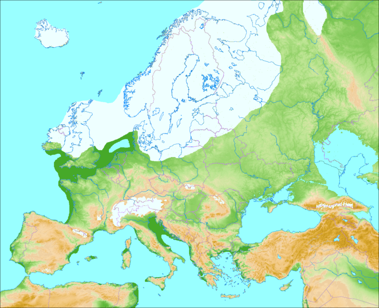 <b>Europe durant la dernière glaciation, entre environ 20 000 et 70 000 ans avant aujourd'hui; appelé Weichsélien ou Vistulien en Europe du Nord et glaciation de Würm dans les Alpes</b><div><i>737px-Weichsel-Würm-Glaciation, par Ulamm via Wikimédia Commons, CC-BY-SA-3.0-migré, https://commons.wikimedia.org/wiki/File:Weichsel-W%C3%BCrm-Glaciation.png</i><b><br></b></div>