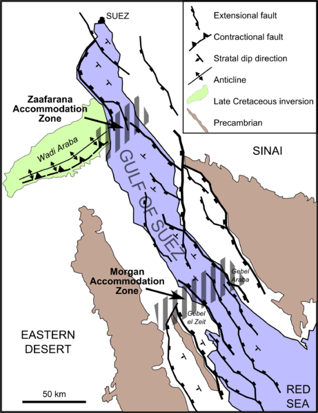 <b>Carte géologique du golf de Suez</b><div><i>GulfofSuezRift.png par Mikenorton via Wikimedia commons ,  CC-BY-SA-3.0, https://commons.wikimedia.org/wiki/File:GulfofSuezRift.png</i><b><br></b></div>