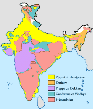 <b>Carte géologique simplifiée de l’Inde</b><div><i>India-geology-map-fr par par Nichalp ; via wikimedia commons, CC-BY-SA-3.0-migrated, https://commons.wikimedia.org/wiki/File:India-geology-map-fr.png</i><b><br></b></div>