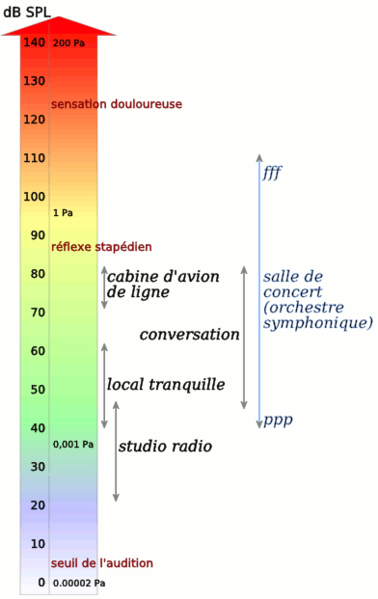 <b>Échelle des niveaux d'intensité sonore</b><div><b></b></div><div><i>Sound levels.png par PolBr via wikimédia commons,  CC-BY-SA-3.0, https://commons.wikimedia.org/wiki/File:Sound_levels.png?uselang=fr&nbsp;&nbsp;</i><b><br></b></div>