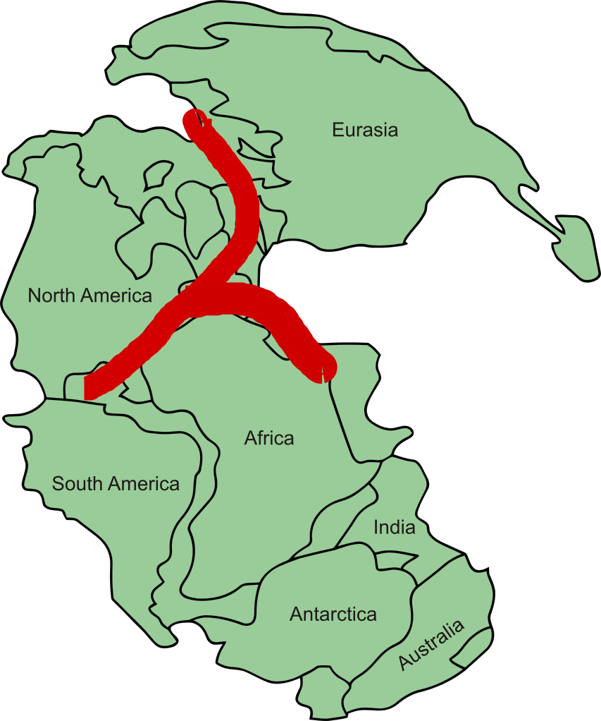 <b>Continent unique, la Pangée et traces de l’orogénèse Hercynienne</b><div><i>509px-Pangaea_continents.svg par v via Wikimédia Commons, CC-BY-SA-3.0-migré, modifié par Sandra Rivière, https://commons.wikimedia.org/wiki/File:Pangaea_continents.svg</i><b><br></b></div>