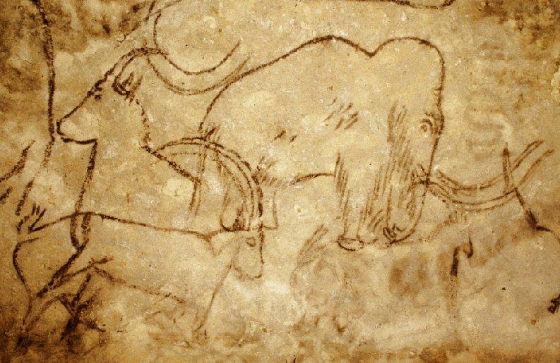 <b>Peintures pariétales de la grotte de Rouffignac, France  (Paléolithique supérieur, 13 000 ans)</b><div><i>Grotte_de_Rouff_mammut par v via Wikimédia Commons, domaine publique, https://commons.wikimedia.org/wiki/File:Grotte_de_Rouff_mammut.jpg</i><b><br></b></div>