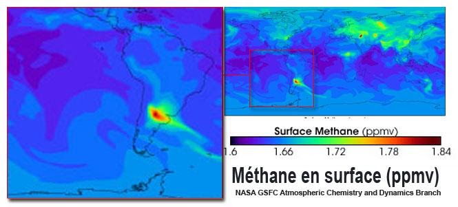 <b>Modèles informatiques montrant la quantité de méthane trouvée à la surface de la Terre (zoom sur l'Amérique du Sud)</b><div><i>Fichier-AtmosphericMethaneSouthAmérica par NASA, via Wikimédia Commons, domaine publique, https://commons.wikimedia.org/wiki/File:Fichier-AtmosphericMethaneSouthAm%C3%A9rica.jpg</i><b><br></b></div>