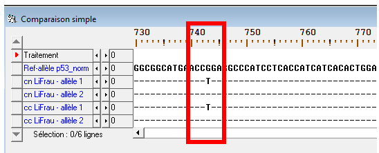 <b>Comparaison des séquences des allèles du gène codant pour la protéine p53 sous anagène pour les cellules somatiques normales et pour les cellules cancéreuses de l’individu II2</b>