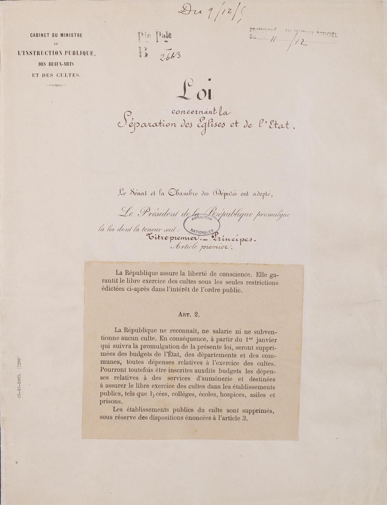 <b>La loi du 9 décembre 1905 : séparation des Églises et de l’État</b><br><div><i>https://www.histoire-image.org/fr/etudes/separation-eglises-etat</i><b><br></b></div>