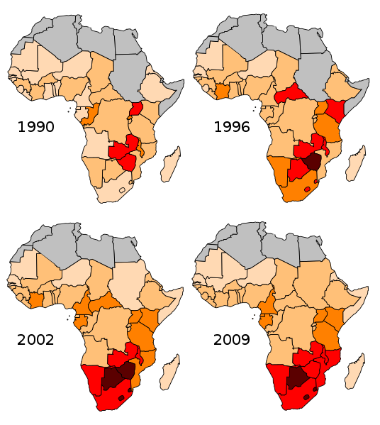 <b>Carte de l’épidémie africaine du SIDA</b><div><i style="">Africa UNAIDS.svg par Furfur Via wikimédia commons, CC-BY-SA-3.0,2.5,2.0,1.0.0, https://commons.wikimedia.org/wiki/File:Africa_UNAIDS.svg</i><br></div>