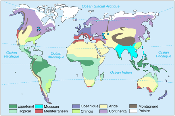 <b>Carte mondiale des climats<br></b><i>Map world climate zones (simplified to 10)-fr.svg par historicair 21:12, 9 November 2006 (UTC) via wikimedia commons, CC-BY-SA-3.0-migrated, https://commons.wikimedia.org/wiki/File:Map_world_climate_zones_(simplified_to_10)-fr.svg</i>