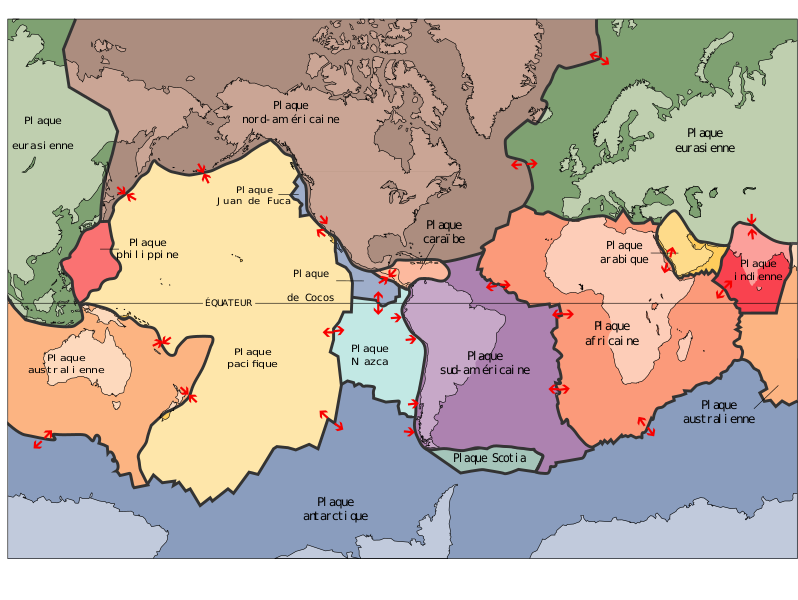 <b>Carte des plaques Tectoniques et leurs mouvements relatifs<br></b><i>Source : Plates tect2 fr.svg par Plates_tect2_en.svg: USGS derivative work: BernardM (d), via wikimedia commons, Domaine public</i>