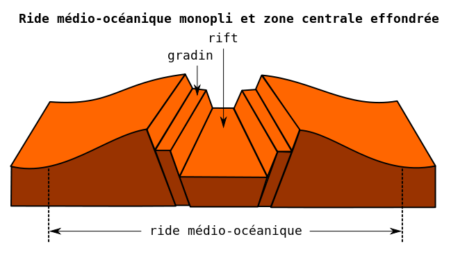 <b>Structure d’une dorsale lente révélant un rift central </b><div><i>Source : Ride médio océanique.svg parKilom691  via Wikimédia Commons, CC-BY-SA-3.0, https://commons.wikimedia.org/wiki/File:Ride_m%C3%A9dio_oc%C3%A9anique.svg?uselang=fr</i><br></div>