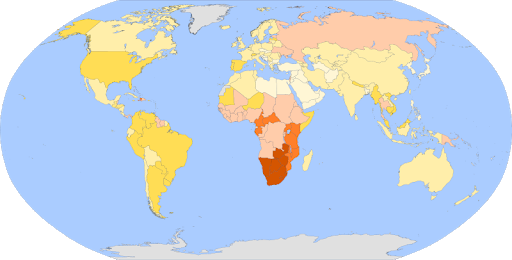 <b>Carte de la pandémie du SIDA</b><div><i>Prévalence du VIH à l'échelle mondiale (2008) .svg par Yavidaxiu via Wikimédia Commons, CC-BY-3.0, https://commons.wikimedia.org/wiki/File:Prevalencia_del_VIH_a_nivel_mundial_(2008).svg</i><b><br></b></div>