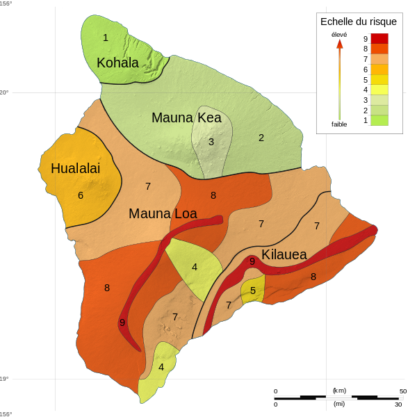 <b>Zones à risque volcanique à Hawaï<br></b><i>Source :  Hawaii Island hazard map-fr.svg par  Sémhur via wikimédia commons, Domaine public.</i>